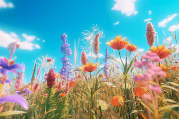 Canvas Print - a colorful image of flowers in a field against a blue sky. wildflowers on a very sunny day, view fro