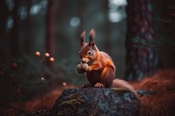 Wall Mural - cute squirrel perched on a mossy rock in a forest setting Generative AI