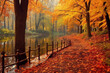Leinwandbild Motiv Empty pathway in autumn park, fall landscape, AI Generated