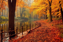 Empty Pathway In Autumn Park, Fall Landscape, AI Generated