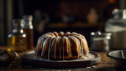 Vanilla bundt cake drizzled with powder sugar glaze with vanilla beans on a wooden table at home created with Generative AI technology