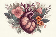 Beautiful anatomic heart with flowers and leaves. Floral romantic composition for greeting card. Generative AI
