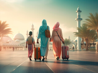 Muslim Arabian mother with daughter and son holding suitcase arrival to home. Family vacation and travel concept. Generative Ai technology.