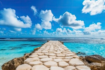 Sticker - Stone Walkway Leading to the Ocean under a Cloudy Blue Sky Generative AI