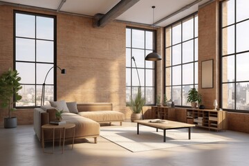 Poster - spacious and modern living room with large windows and stylish furniture Generative AI