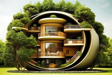 Wall Mural - circular building with multiple balconies and levels generative ai