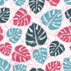 Monstera tropical leaves floral repeat ornament over noisy background.