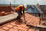 Fototapeta Do pokoju - The master repairs the roof tiles of the house. Roofing, repair and renovation work. Generative AI