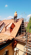 © keks20034 - The master repairs the roof tiles of the house. Roofing, repair and renovation work. Generative AI