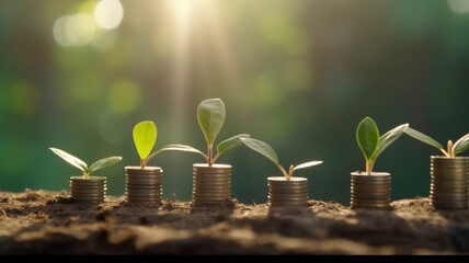 Wall Mural - a row of stacks of coins with a plant growing out of them. Tree leaf on save money coins, Business finance saving banking investment concept. Generative AI