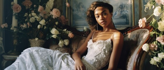 young beautiful black woman in a wedding dress and decorative flowers. Generative AI