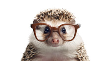 Close-up Of A Hedgehog Wearing Small Square Glasses Isloated On A Transparent Background, Generative Ai