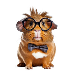 Wall Mural - a guinea pig wearing tiny round glasses and looking pleased isolated on a transparent background, generative ai