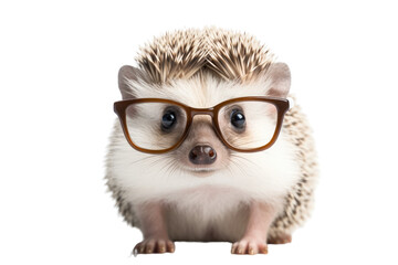 a hedgehog with small square glasses looking amused isolated on a transparent background, generative