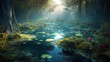 fantasy pond in the forest magical forest. foggy fantasy forest with ponds. AI Generative