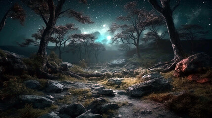 Magical dark fairy tale forest at night with glowing lights and fog. AI Generative