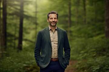 Environmental portrait photography of a pleased man in his 40s wearing a classic blazer against a forest background. Generative AI