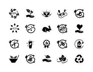 Ecofriendly black icons set. Natural and organic product, not tested on animals labels. Caring for nature, ecology and environment. Cartoon flat vector illustrations isolated on white background