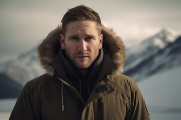 Wall Mural - Portrait of a handsome young man in a warm jacket against the background of snowy mountains