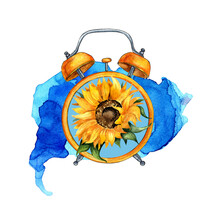 Watercolor Illustration Of A Yellow Alarm Clock On A Watercolor Background. Blue Dial With Sunflower. Composition For The Design Of Souvenirs, Postcards, Posters, Banners, Labels, Logos. Isolated