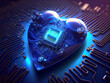 glowing microprocessor heart on a printed circuit board. Generative AI