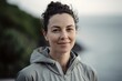 Group portrait photography of a pleased woman in her 30s wearing a comfortable tracksuit against an island or beach paradise background. Generative AI