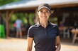 © Leon Waltz - Medium shot portrait photography of a pleased woman in her 30s wearing a sporty polo shirt against a farm market or harvest background. Generative AI