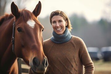 Medium shot portrait photography of a cheerful woman in her 30s wearing a cozy sweater against an equestrian or horse background. Generative AI