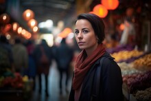 Photography In The Style Of Pensive Portraiture Of A Pleased Woman In Her 30s Wearing A Chic Cardigan Against A Bustling Market Or Street Scene Background. Generative AI