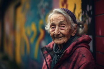 Lifestyle portrait photography of a pleased elderly 100 year old woman wearing a comfortable tracksuit against a graffiti background. Generative AI
