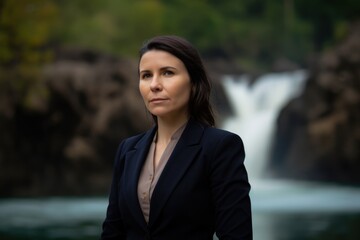 Portrait of a beautiful business woman in front of a waterfall.