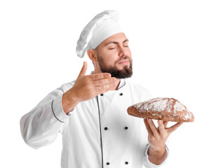 Canvas Print - Male baker with fresh bread on white background