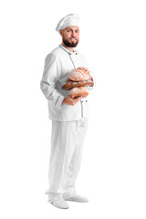 Canvas Print - Male baker with loaves of fresh bread on white background