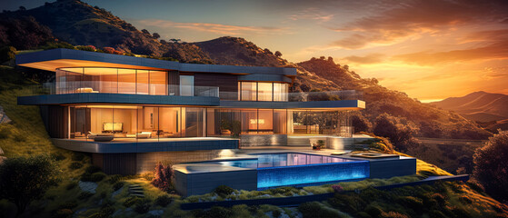 Beautiful luxury modern house in the mountains of Los Angeles with a beautiful panoramic sunset view of the ocean. Mansion architecture at its best (generative AI)