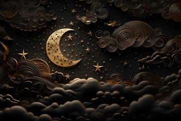 Wall Mural - black and gold night sky illustration with moon and clouds. neural network ai generated art generati