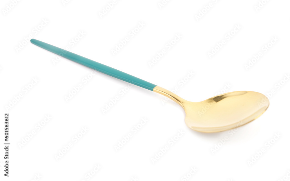 Golden spoon with blue handle on white background