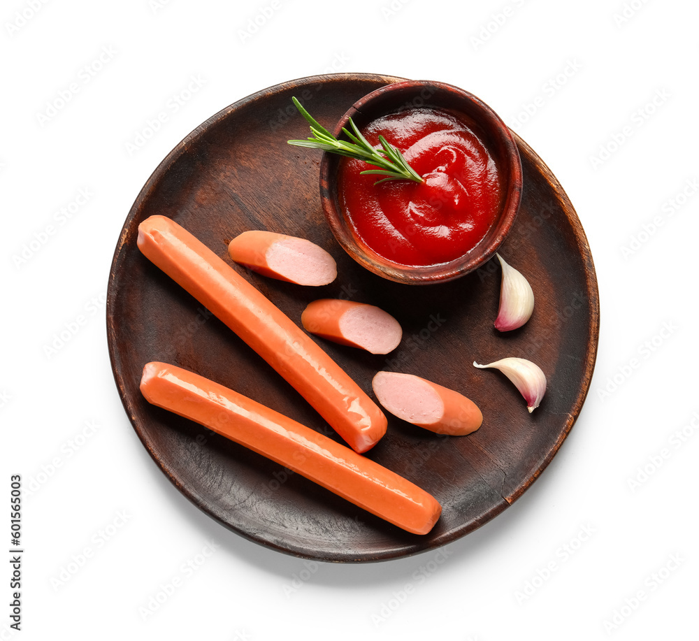 Plate with tasty sausages and ketchup on white background