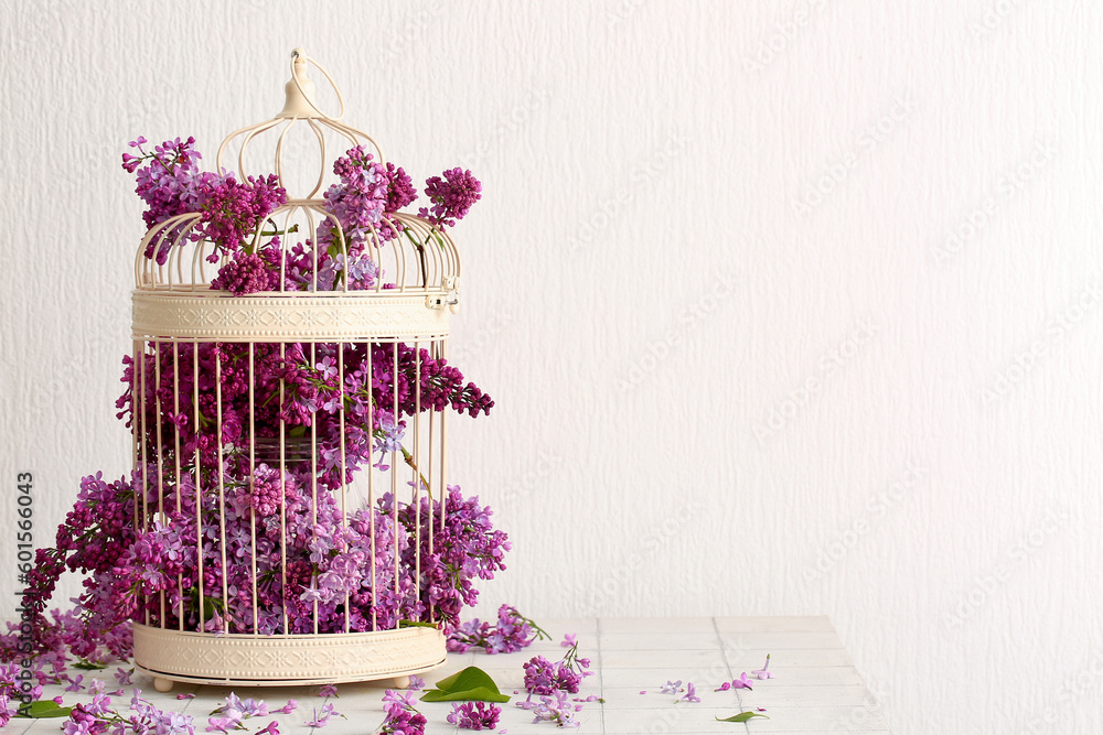 Birdcage with beautiful lilac flowers on light background