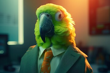 Anthropomorphic parrot dressed in a suit like a businessman. Business Concept. AI generated, human enhanced