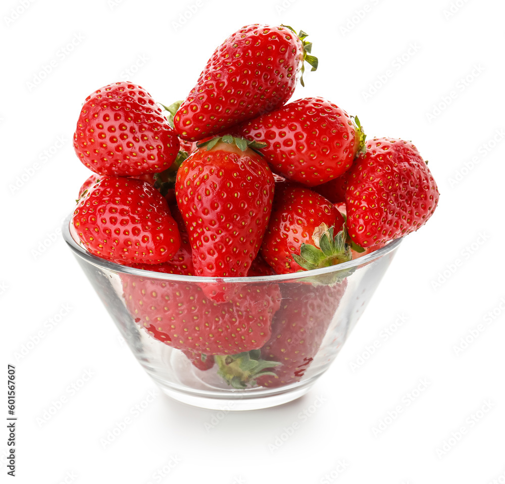 Glass bowl with fresh strawberries on white background