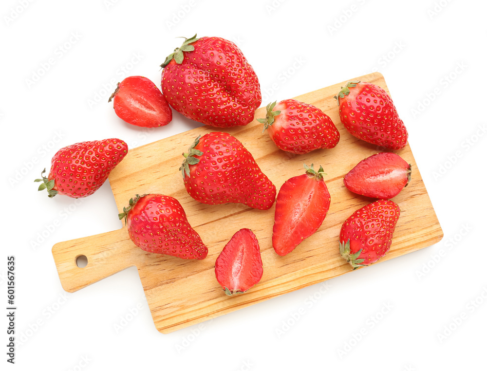 Board with fresh strawberries on white background