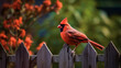 Illustration of a red bird like a cardinal sitting on a fence. Generative AI. 