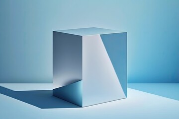 Presentation of a product against a light and shadowed blue background. Cubic podium is empty. Mockup. Generative AI