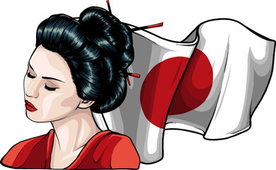 Poster - Beautiful Geisha with Japanese flag vector illustration