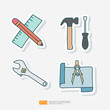 Design and Architectural Doodle Sticker Icon Set. Ruler and Pencil, Hammer and Screwdriver, Blueprint Vector Illustration