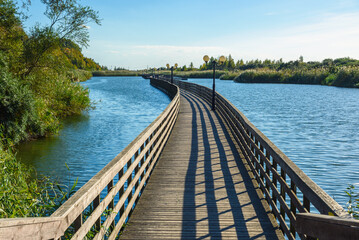 Wall Mural - Wooden promenade along the Baltic Sea coas. Yantarny. Kaliningrad region. Russia