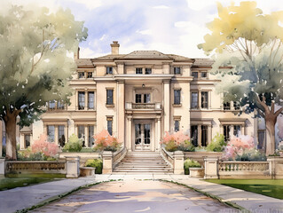 Wall Mural - A Watercolor of a Beautiful Home with a Neoclassical Architecture Design | Generative AI