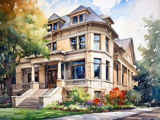 Wall Mural - A Watercolor of a Beautiful Home with a Second Empire Architecture Design | Generative AI