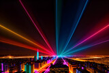 Fototapeta  - Neon glowing outlined illustration of colorful cityscape panorama