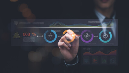 Aufkleber - Businessman reading graph report and business statistics charts ,Analysis and improvement of corporate strategy ,manage financial and marketing documents , Statistics and Data Concepts ,growth graph